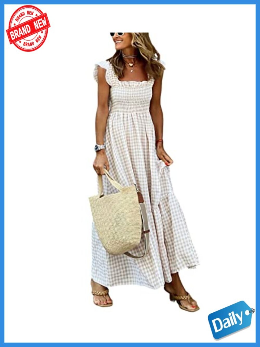 Retro Plaid Smocked Dress Spaghetti Strap Flounce Long Dress